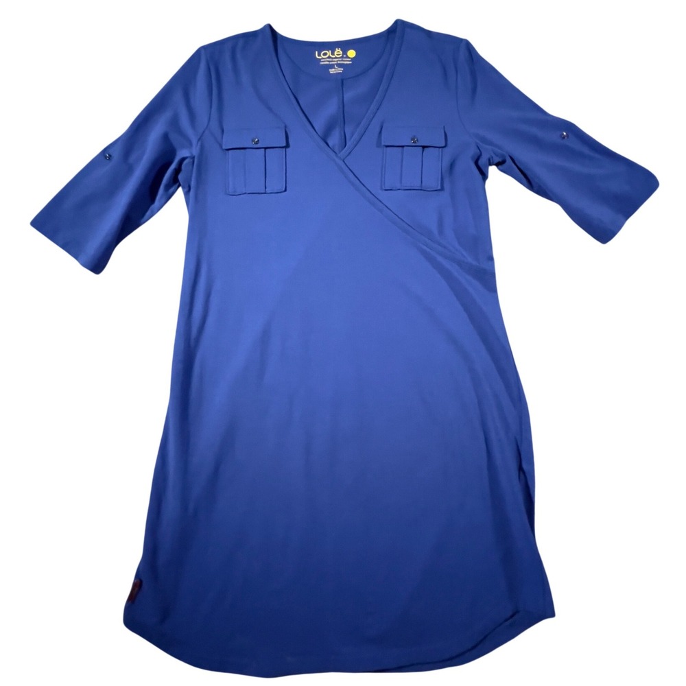 Lole Dress Women Large Blue Organic Cotton Faux Wrap‎ Roll Tab Sleeve V-Neck